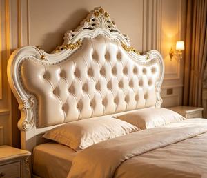 Premium Queen Size White Gold <b>Bed</b> With Cream PU Diamond Tufted Rose Floral Carved Nailhead Headboard For European Rococo Bedroom - Product Image 3