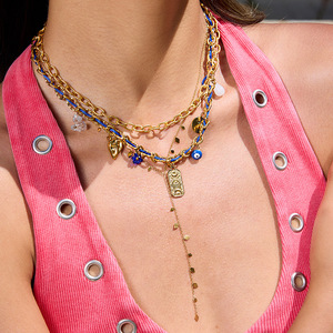 Pendentif porte-bonheur œil protecteur en acier inoxydable, bijoux multicouches dorés avec perles bleues pour accessoires de mode - Product Image 2