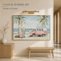 Toile imprimée style rétro : camping-car de plage, palmiers et planches de surf pour décoration murale de salon