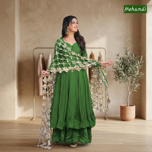 Ensemble Salwar Kameez brodé vert avec dupatta, tenue traditionnelle indienne et pakistanaise pour femmes, pour mariage et fêtes, coupe ample longue jusqu'au sol - Product Image 3