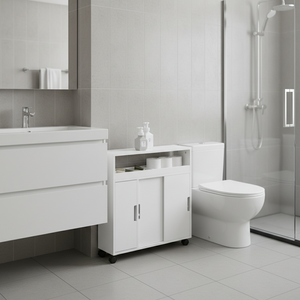 Mueble de Baño en Oferta, Gabinete de Almacenamiento de Madera Blanca con Ruedas, Organizador de Artículos de Estilo Nórdico, Portarrollos de Papel para Cocina - Product Image 1