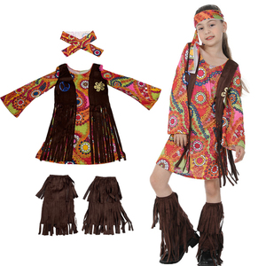 Costume <span class=keywords><strong>hippie</strong></span> pour enfants des années 60 et 70, robe rétro groovy avec bandeau et chauffe-jambes pour fête à thème d'Halloween - Product Image 1