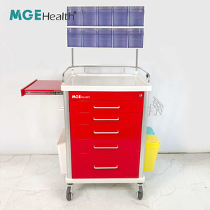 Chariot d'anesthésie hospitalier avec plateau supérieur en ABS, verrouillage centralisé, cinq tiroirs, étagère latérale dissimulée, double rangée, support réglable pour dix boîtes, verre souple - Product Image 5
