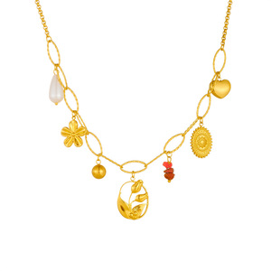 Gold Plated Stainless Steel Flower Oval Pendant Chain Necklace For Party Fashion Jewelry - Product Image 5