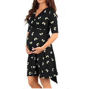 Euramerican pregnancy lady short sleeve printing clothing dress sexy v-neck slim waist maternity dresses for pregnant clothes