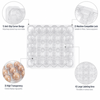 Barquette à œufs en plastique à 30 alvéoles, en PET de qualité alimentaire, transparente, avec couvercle intégré, empilable, antichoc, compatible MOBA/SANOVO, personnalisable
