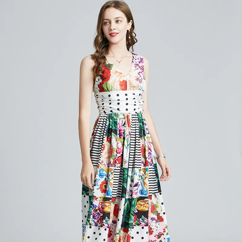M225 mizaç baskılı kolsuz kontrast renk Slim elbise günlük elbiseler önlük elbise kadın yaz çiçek pamuk düz boyalı