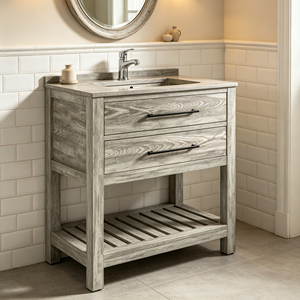 Mueble de Baño Rústico de Madera Maciza de 24 Pulgadas con Dos Cajones, Estante de Listones, Espejo con Cierre Suave Incluido, Acabado Oscuro - Product Image 3