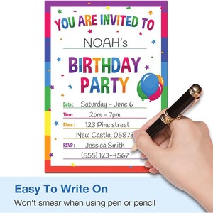 Cartes d'invitation pour fête d'anniversaire, thème arc-en-ciel, cartes de vœux personnalisées en papier pour enfants, forme rectangulaire, finition brillante - Product Image 3