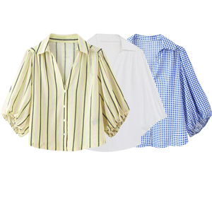 Camisa de mujer de manga ancha con botones, corte holgado, informal, para primavera/verano, tejido 100% poliéster popelín, efecto ilusión. - Product Image 1
