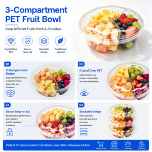 3 Compartment Clear PET Plastic Bowl with Lid BPA Free <b>Disposable</b> Food Container for Supermarket Fruit Salad <b>Platter</b> Custom Logo - Product Image 3