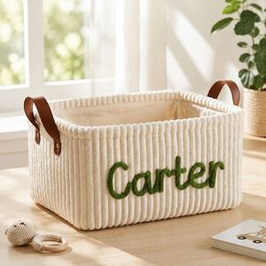 Cesta de Almacenamiento Plegable para Bebé, Estilo Bohemio, Personalizable, de Pana, con Asas Reforzadas de Cuero, para Ropa de Bebé - Product Image 1