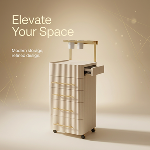 Luxury Cream Salon Trolley Cart Fluted Drawers with Hair Dryer Holder Side Drawer for Modern Spa Beauty Station - Product Image 1