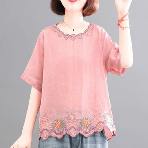 Women's Cotton <b>Linen</b> Short Sleeve <b>Top</b> Emerald Green Embroidery Vintage Casual Blouse Plus Size Summer Loose Fit T-Shirt - Product Image 4