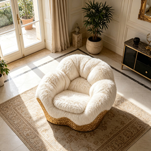 <span class=keywords><strong>Fauteuil</strong></span> lounge individuel de luxe en <span class=keywords><strong>fourrure</strong></span> <span class=keywords><strong>blanche</strong></span> moelleuse, base en fibre de verre texturée dorée, <span class=keywords><strong>fauteuil</strong></span> d'appoint en forme de nuage pour salon - Product Image 5