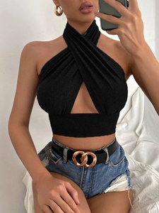 Top Corto Sexy con Escote Halter Cruzado en Blanco, Blusa sin Mangas, Camiseta Única para Mujer - Product Image 5