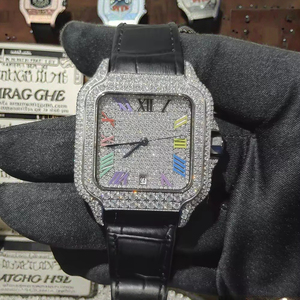 Orologio <span class=keywords><strong>da</strong></span> <span class=keywords><strong>Uomo</strong></span> Unico con Vetro alla Moda, Cinturino in Pelle, Stile Hip Hop, Personalizzato, Quadrante Quadrato in Acciaio Inossidabile con Diamanti Moissanite Taglio Ghiaccio - Product Image 1