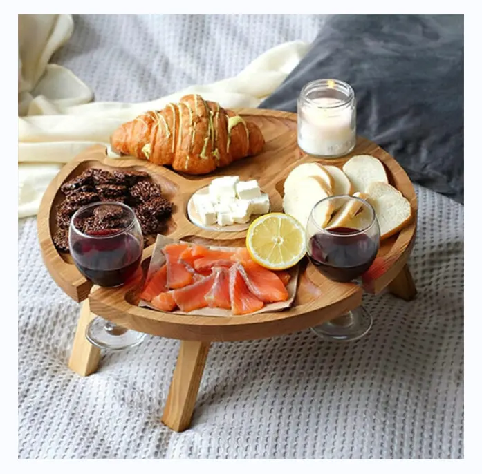 Hot Sale Wooden Folding mini Picnic Table with Wine Glass Holder Rack Compartmental Dish for Cheese and Fruit Outdoor