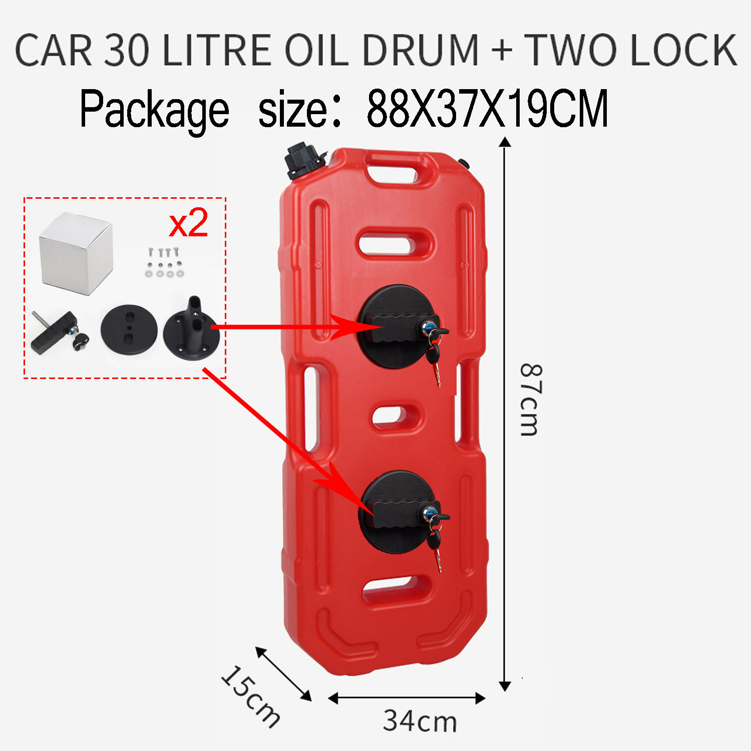Bidon d'huile rouge 30 litres monté sur véhicule 2 serrures