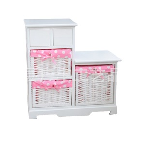 Mesita de noche de madera blanca con cestas de mimbre para almacenamiento, para muebles de dormitorio - Product Image 1