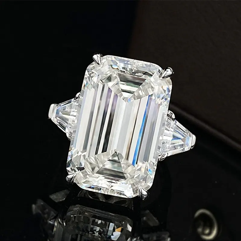Anel de prata esterlina 925 Cz 5A com anel de diamante e corte esmeralda zircônia cúbica para mulheres