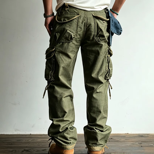New Arrival Casual <b>Vintage</b> Washed Men <b>Cargo</b> Pants Button Fly Multi Drawstring Pockets Worsted Outdoor OEM Service - Product Image 2