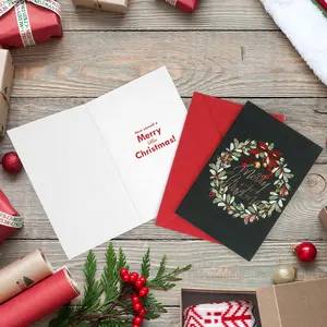 4x6ヴィンテージホリデーカードカスタム印刷金箔折りたたみメリークリスマスグリーティングカード、エンボルプボックスセットパッケージ付き