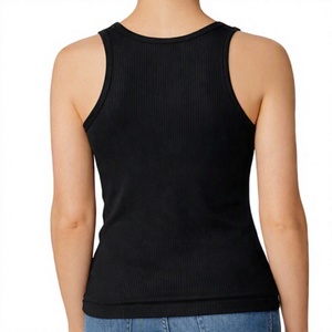 Débardeur côtelé noir pour femme avec logo personnalisé, col rond, bretelles larges, coupe ajustée, sans manches, basique, pour l'été - Product Image 2