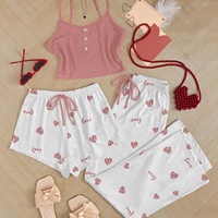 Ensemble de pyjama trois pièces respirant en polyester/spandex à motif cœur pour femme, style européen et américain, avec caraco et short