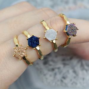 BD-T070 anillos de joyería de drusa natural al por mayor, anillo de piedras preciosas druzy con forma de hexahedral, muchos colores disponibles - Product Image 2