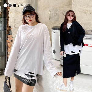 Camiseta de talla grande estilo coreano para mujer, camiseta de otoño con rasgaduras irregulares, de manga larga, color sólido, blanca, negra, gris, N7810 - Product Image 3
