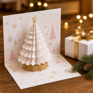 Tarjeta de Navidad 3D Pop-up con Diseño Original ZS-PC0279, Árbol de Navidad de Cristal Blanco, Papel Cortado con Láser y Detalles en Dorado - Product Image 2