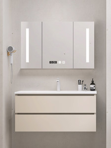Meuble de salle de bain suspendu au mur avec lavabo intégré en céramique, style crème français moderne et minimaliste, miroir intelligent - Product Image 5
