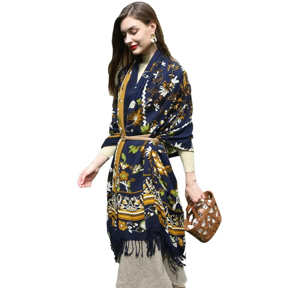 Clássico azul escuro Natal oversized 245*110cm personalizar grande lã cashmere cachecol ponchofle kashmir pashmina wool shawl