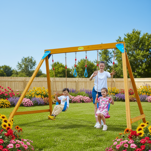 Columpio Infantil de Madera de Abeto Chino con 2 Columpios, Anillos de Trapecio y Parque Infantil para Niños de 5 Años - Product Image 1