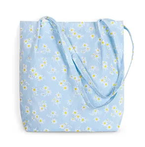 Women Canvas Shoulder Bags Daisy Print Design Ladies Floral Handbag Casual Tote Literary Books Bag Eco Cloth Purse Shopping Bag