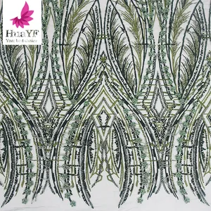 2022 High quality handmade green beads lace embroidery with beaded fringe sequins fabric HY2047