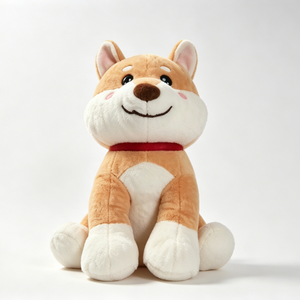 Peluche Personalizado de Shiba Inu, Suave, Color Bronceado y Blanco, Cachorro de Shiba Sentado, con Collar Rojo y Mejillas Rosadas - Product Image 3