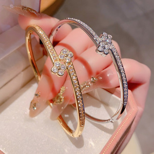 Korean Style <b>Bracelet</b> Gold Silver Flower Petal Micro Insert <b>Copper</b> Alloy Women's Wedding Jewelry Geometric Fashion Bangle - Product Image 4