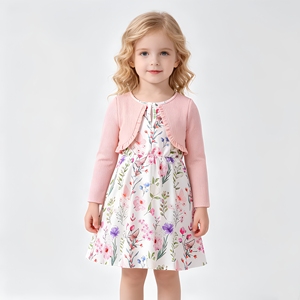 Robe imprimée pour fille, sur mesure, printemps-automne, avec ensemble de cardigan en tricot - Product Image 1