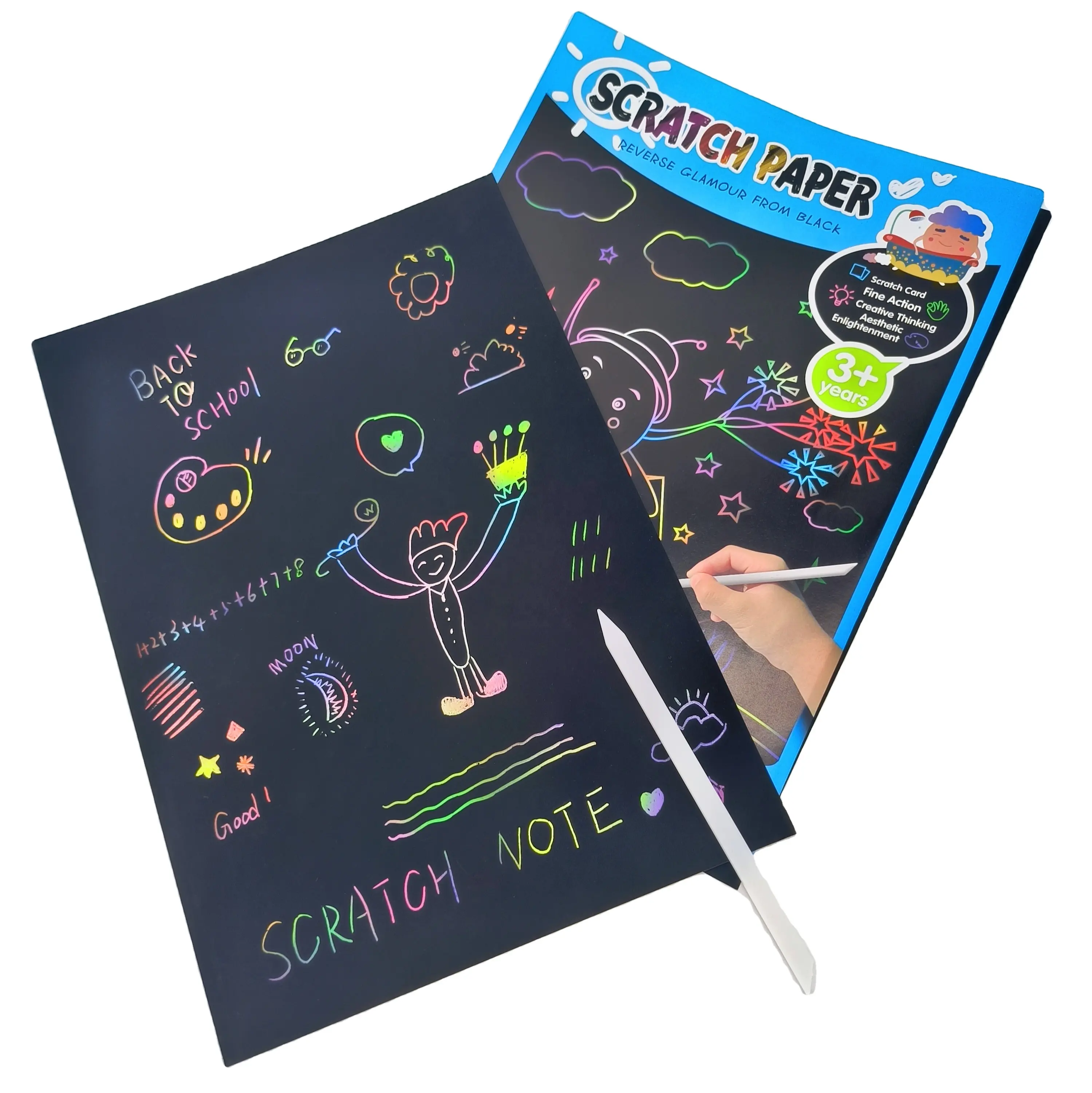 Atacado A4 Scratch Arts Esboço Desenho Papel para Crianças Art Supplies Grande Arco-íris Scratch Paper Note com Varas de Plástico