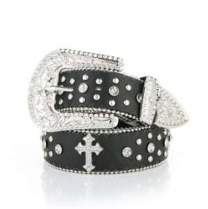 Cinturón Ecowalson con remaches cruzados, hebilla grabada, decoración de diamantes de imitación, pantalones vaqueros de Hip Hop PU, cinturones Punk Western Cowboy Cowgirl - Product Image 2