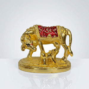OM Shubh Labh Gold Plated Cow and Calf Figurine Kamadhenu Idol <b>Religious</b> Home Decor Decorative Gift <b>Statue</b> - Product Image 1