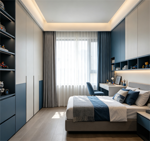 Bureau intégré minimaliste en contreplaqué bleu ardoise et blanc pour chambre de garçon, avec étagère, armoire et <span class=keywords><strong>placard</strong></span> pour enfants - Product Image 1
