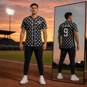 Maillot de baseball personnalisé en gros, imprimé à pois, séchage rapide, respirant, boutonné, en polyester, uniforme d'équipe par sublimation - Product Image 1