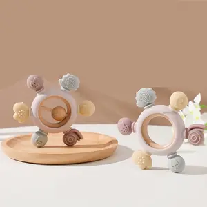 Groothandel Baby Houten Gehaakte Rammelaar Siliconen Bijtring Tweedelige Baby Speelgoed Set