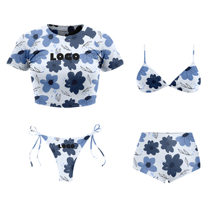 Custom Women's Fashion Flower Pattern Short Sleeve <strong>Tankini</strong> Sets UPF 50+ Rash Guard <strong>Swimsuit</strong> Sun Block Swimwear