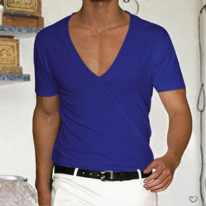 T-shirt pour homme en pur coton, coupe ajustée, manches courtes, col en V profond, col large, style décontracté, collection printemps, uni teint - Product Image 2