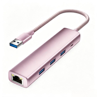Hub USB 5 in 1 untuk Pemesanan Grosir, 3 USB3.0 5Gbps+Gigabit Ethernet+100W PD, Kabel Splitter Berbahan Aluminium dengan Jalinan Nilon untuk Laptop dan Desktop