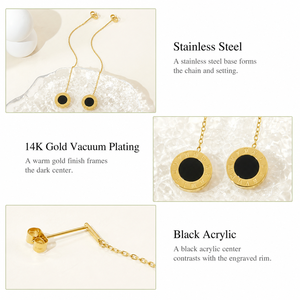 Boucles d'oreilles pendantes en chaîne de disques acryliques noirs, en acier inoxydable plaqué or 14 carats sous vide, avec bordure à chiffres romains, 81 mm, bijoux - Product Image 2